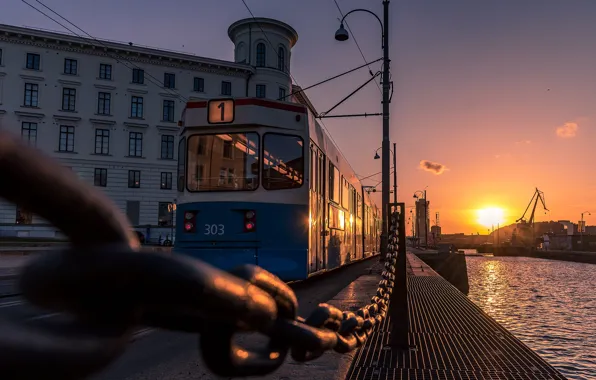 Picture sunset, the building, the evening, chain, channel, tram, Sweden