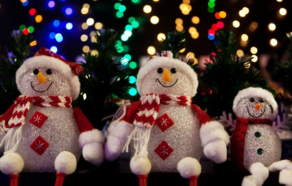 Picture winter, lights, the dark background, holiday, toy, toys, Christmas, New year, snowmen, snowman, needles, trio, …