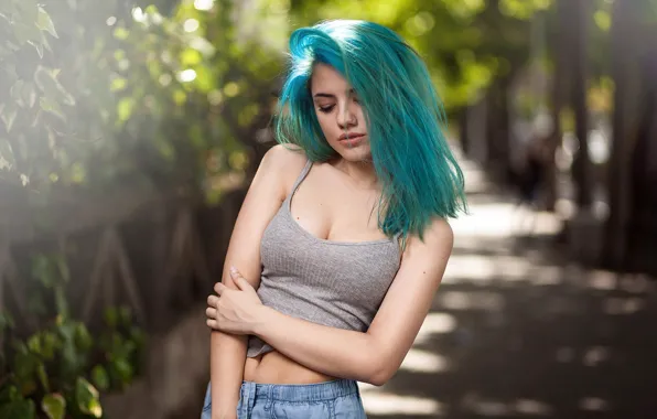 Picture the sun, trees, sexy, pose, model, shorts, portrait, makeup, Mike, hairstyle, beauty, blue hair, bokeh, …
