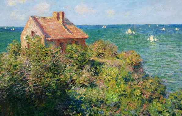 Picture the sky, clouds, landscape, house, picture, Claude Monet