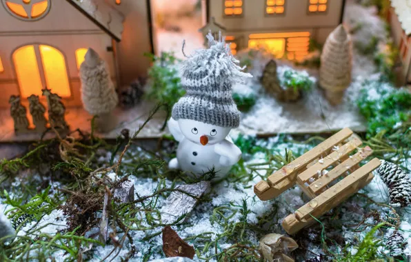 Picture winter, look, snow, branches, holiday, hat, toy, toys, Christmas, New year, houses, house, snowman, sleigh, …