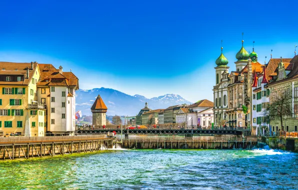 Picture mountains, the city, lake, home, Switzerland, Lucerne