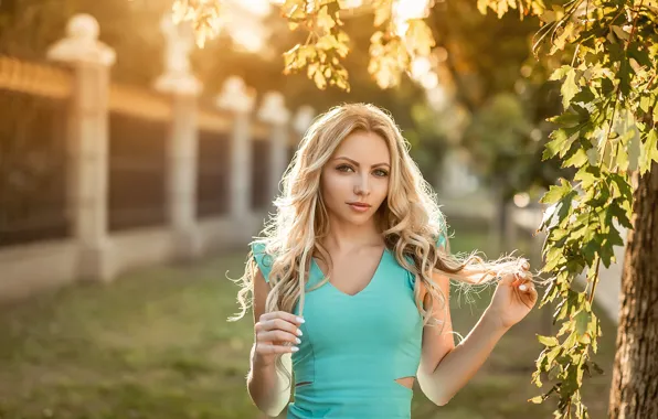 Picture girl, trees, dress, blonde, curls, A Diakov George