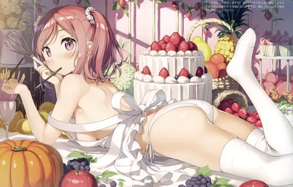 Picture strawberry, grapes, sweets, cake, pumpkin, red, pineapple, peaches, lemons, apron, straws, white stockings, is on …