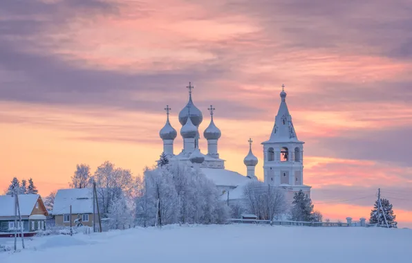 Picture winter, snow, landscape, sunset, nature, home, village, Church, the bell tower, Maxim Evdokimov