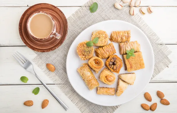 Picture coffee, plate, Cup, sweets, nuts, baklava