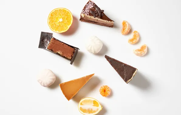 Picture lemon, orange, white background, dessert, cakes, slices, Mandarin, marshmallows