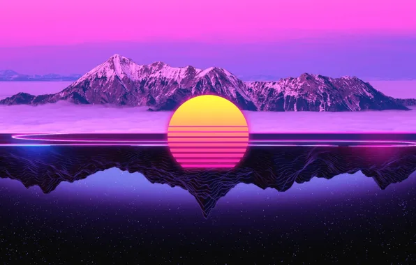 Picture The sun, Reflection, Mountains, Music, Star, 80s, Neon, 80's, Synth, Retrowave, Synthwave, New Retro Wave, …