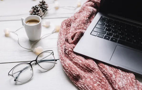 Picture winter, scarf, glasses, laptop, winter, cup, coffee, glasses, laptop, a Cup of coffee