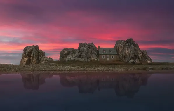 Picture sunset, house, shore