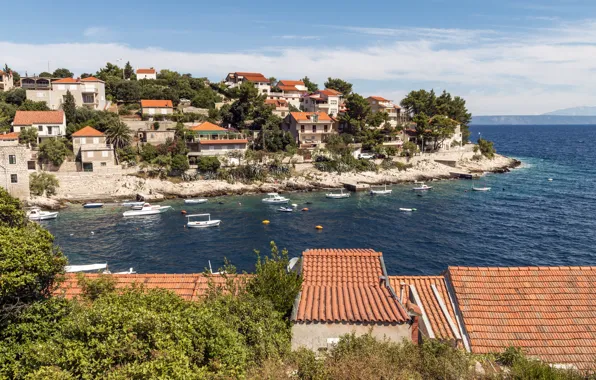 Picture roof, sea, the sky, trees, home, pier, roof, Croatia, Croatia, Houses, Marinas, Motorboat