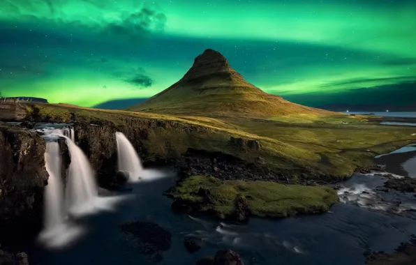 Picture stars, mountains, night, shore, waterfall, Northern lights, the volcano, Iceland