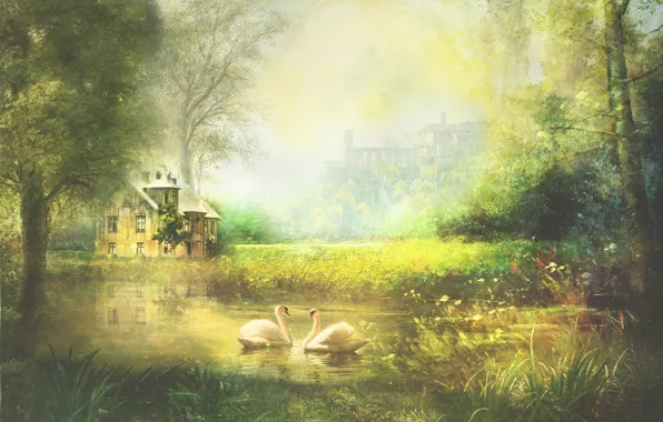 Picture summer, trees, landscape, birds, nature, lake, pond, rendering, shore, house, swans, photoart