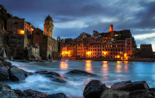 Picture sea, landscape, stones, coast, tower, home, the evening, lighting, Italy, the dome, Vernazza, Vernazza, Cinque …