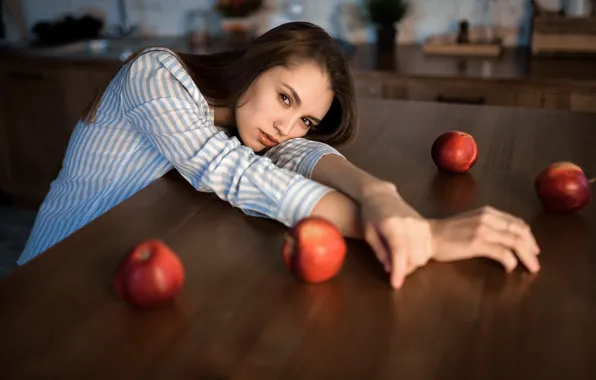 Picture look, girl, face, apples, hands, Alex Sipkin, Tatiana Shavykina