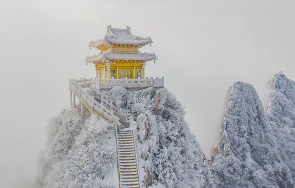Picture snow, rocks, frost, ladder, pagoda, rocks, snow, stairs, pagoda, frost