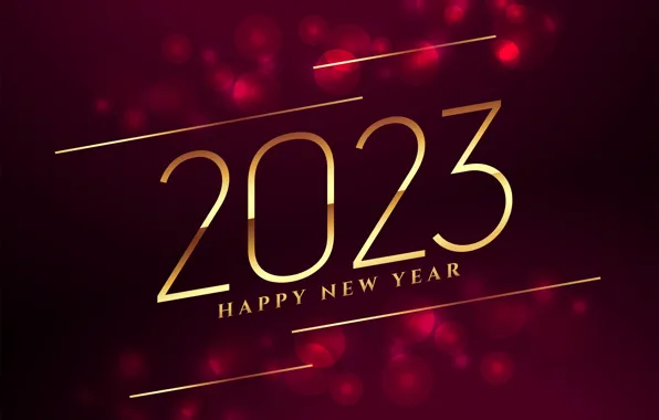 Picture line, glare, lights, the inscription, figures, New year, gold, date, bokeh, crimson background, 2023