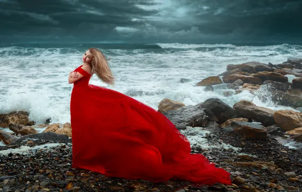 Picture sea, wave, girl, storm, pose, stones, mood, the situation, red dress, Renat Khismatulin