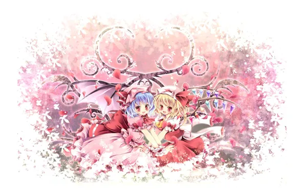 Picture butterfly, joy, red eyes, cap, sisters, blue hair, rose petals, pink dress, Touhou Project, Remilia …