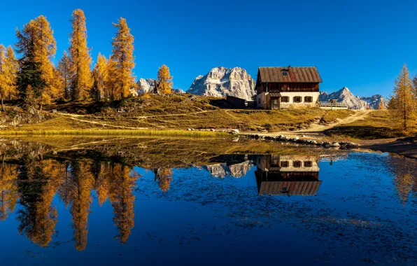Picture autumn, the sky, trees, mountains, lake, house, reflection, blue, rocks, shore, hill, house, pond, larch