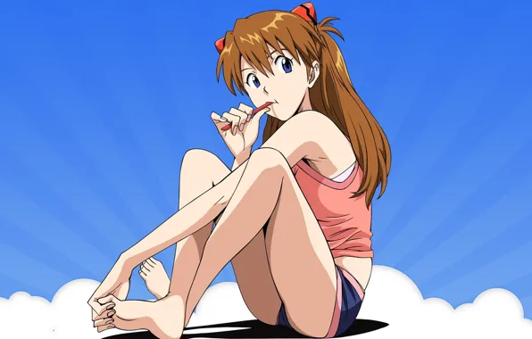 Picture Neon Genesis Evangelion, legs, girls, anime, Asuka Langley Soryu, cartoon, illustration, feet, short shorts