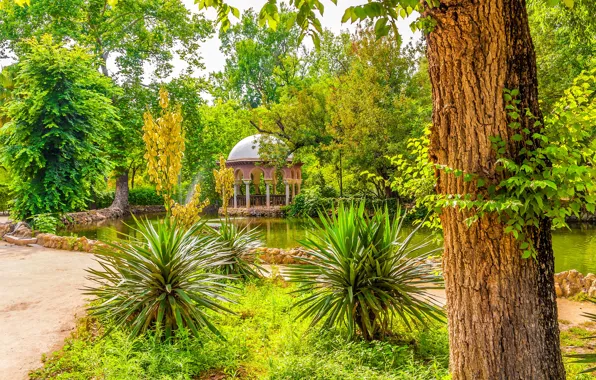 Picture greens, the sun, trees, pond, Park, Spain, gazebo, Sevilla, Maria Luisa Park