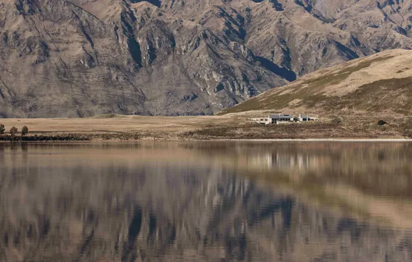 Picture mountains, lake, New Zealand, lake, farm, reflection, Piwakawaka