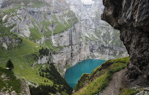 Picture mountains, trail, Switzerland, pond, Lake Oeschinensee