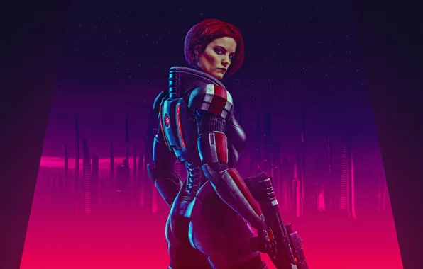Picture girl, space, city, the city, neon, armor, mass effect 2, mass effect, rpg, neon, the …