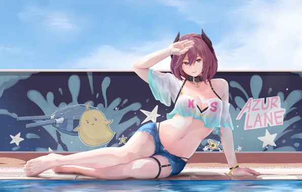 Picture girl, sexy, pool, cleavage, shorts, boobs, anime, beautiful, short hair, pretty, breasts, attractive, handsome, purple …