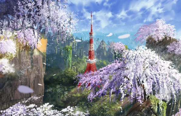 Picture mountains, Sakura, flowering, Tokyo tower