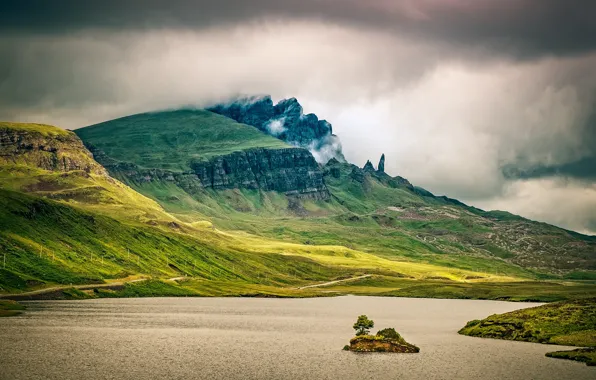 Picture the sky, clouds, mountains, clouds, overcast, hills, shore, Scotland, island, pond