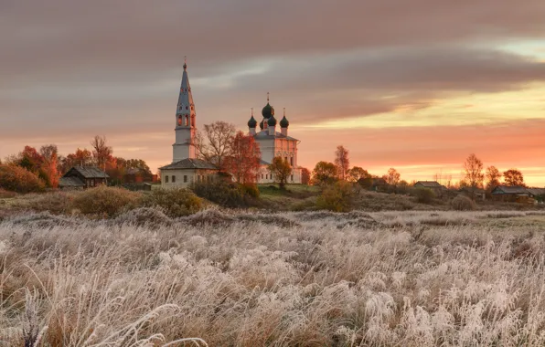 Picture frost, autumn, landscape, nature, tower, home, village, temple, grass, Maxim Evdokimov