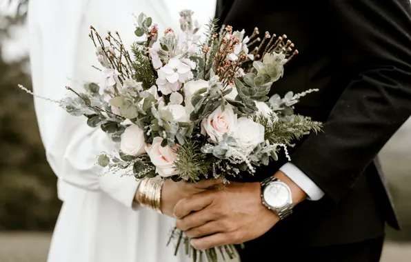 Picture watch, bracelets, a bouquet of flowers, wedding, celebration, blurred background, the bride and groom