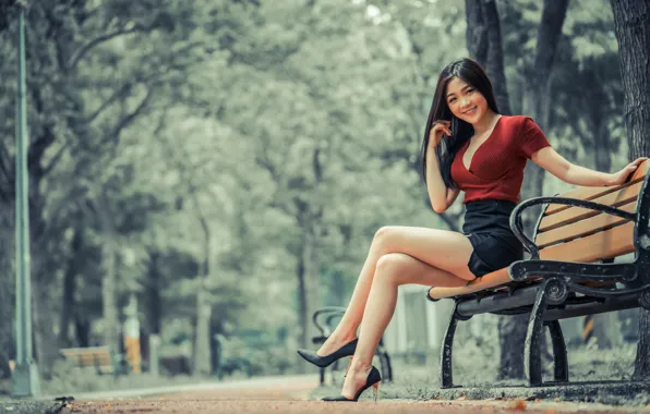 Picture girl, smile, Park, legs, Asian, cutie, bench, bokeh