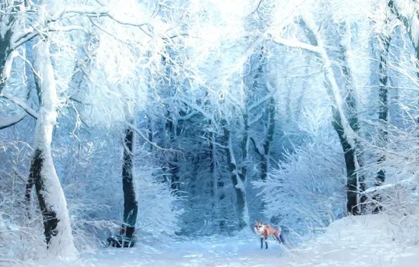 Picture winter, forest, snow, trees, branches, Fox