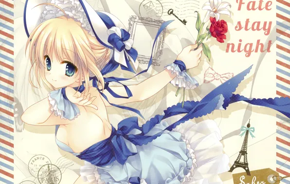 Picture girl, flowers, Lily, dress, hat, the saber, Artoria Pendragon, Fate stay night, Fate / Stay …