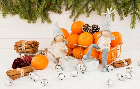 Picture holiday, angels, gifts, New year, figures, composition, tangerines, Rights Reserved, LAIMDOTA GRIVANE