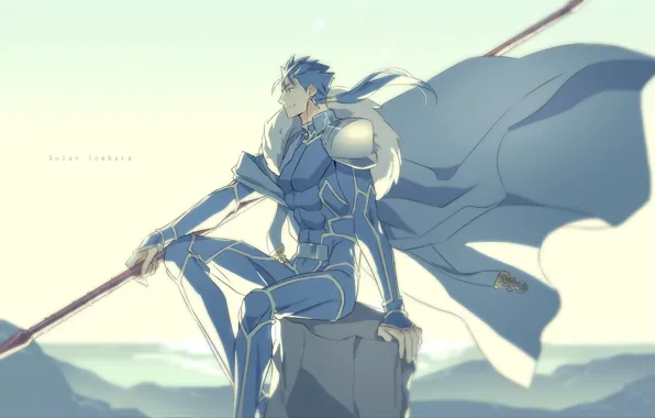 Picture the sky, guy, sitting, spear, Lancer, Fate stay night, Fate / Stay Night