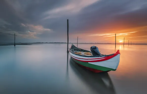 Picture sunset, shore, boat
