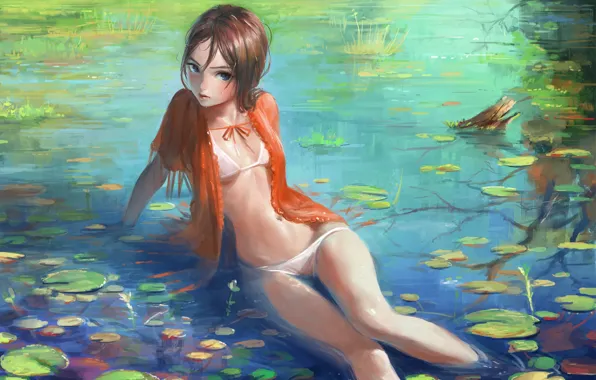Picture wet, girl, bikini, blue eyes, art, sitting in the water, Lotus leaf, Nababa, red blouse, …