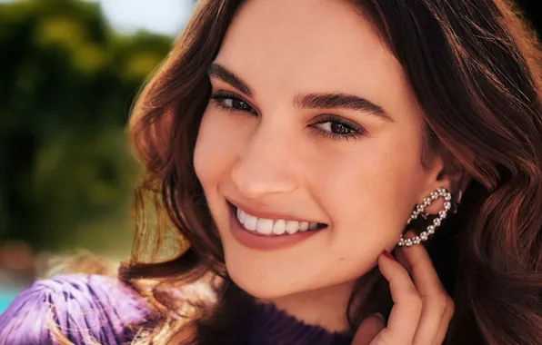 Picture look, girl, face, smile, mood, actress, brown hair, Lily James