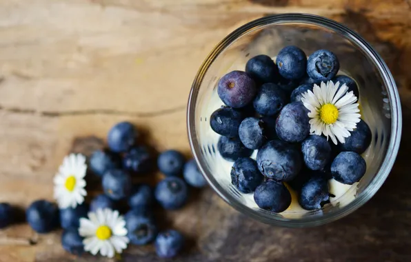 Picture glass, flowers, berries, chamomile, blueberries, bowl, Daisy