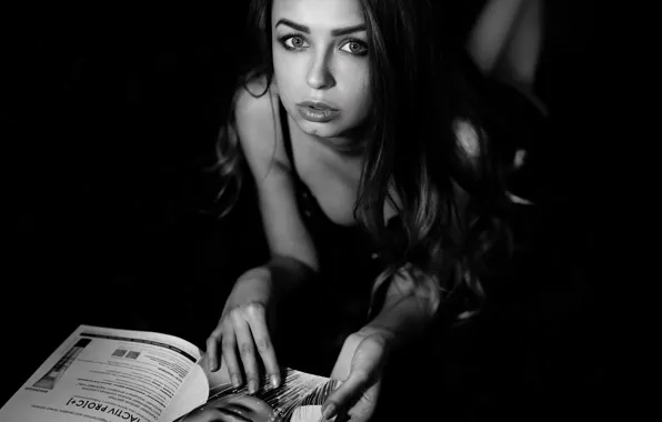 Picture look, girl, pose, model, portrait, makeup, hairstyle, lies, black and white, black background, journal, bokeh, …