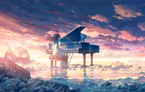 Picture sea, beach, girl, piano