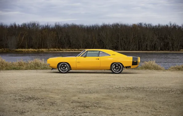 Picture 1969, Dodge, Charger, Yellow, Side, Dodge Charger, Road, Lake, Forest, Ringbrothers, 2022, Captiv, Ringbrothers Dodge …