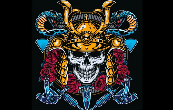 Picture Skull, Samurai, Black background, Dagger, Red roses, Snakes, Vector graphics, Металлический шлем