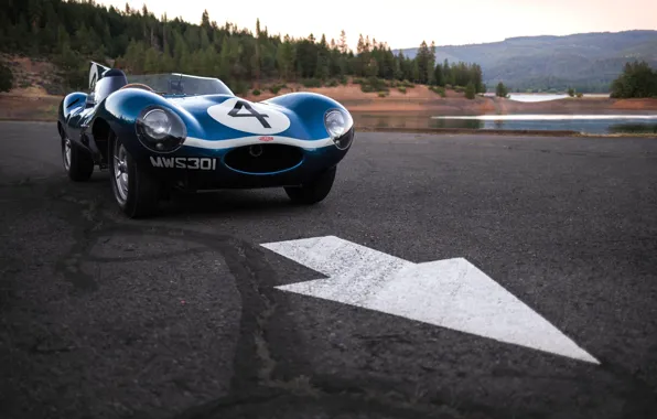 Picture asphalt, lake, car, Race car, Jaguar D-Type