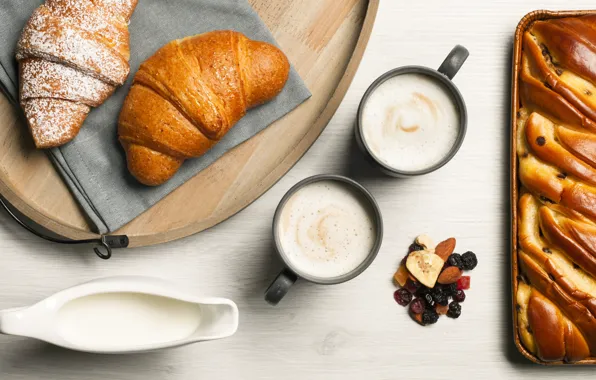 Picture coffee, cappuccino, cakes, foam, dried fruits, croissants
