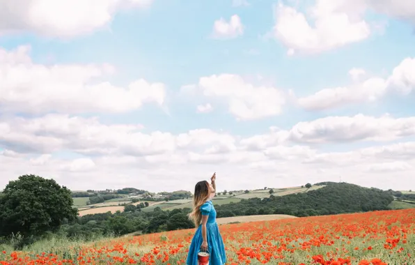 Picture field, forest, summer, the sky, girl, clouds, trees, flowers, nature, pose, hills, paint, field, Maki, …